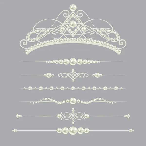 Blanco realista colección de divisores de perlas conjunto con diadema aislado sobre fondo gris. ilustración vectorial . — Vector de stock