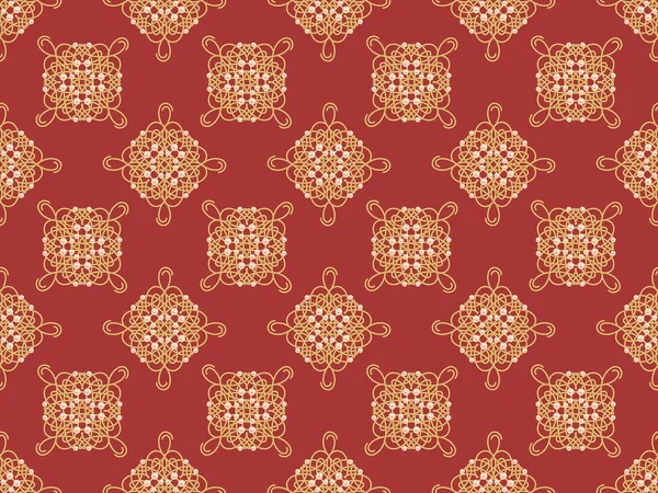 Elegantes goldenes Knoten-Zeichen. rotes und goldgelbes nahtloses Muster, schöne kalligrafische Blüten mit Perlen. — Stockfoto