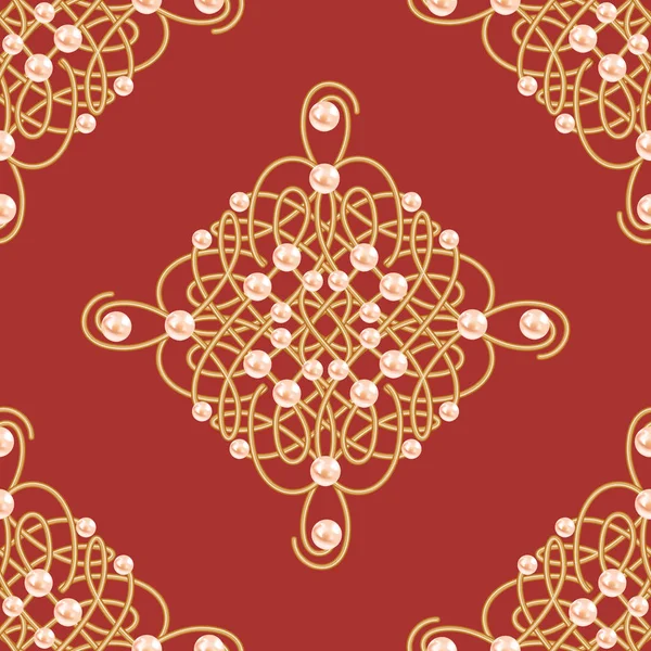 Elegantes goldenes Knoten-Zeichen. rote und goldene nahtlose Muster, schöne kalligrafische Gedeihen mit Perlen. Vektor — Stockvektor