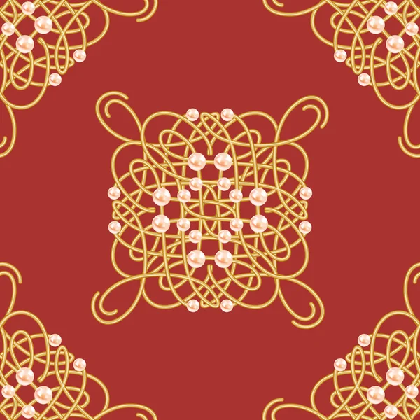 Elegantes goldenes Knoten-Zeichen. rot und goldgelb nahtlose Muster, schöne kalligrafische Gedeihen mit Perlen. Vektor — Stockvektor