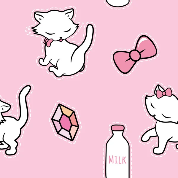 Бесшовный рисунок с милыми наклейками котенка изолированы на розовом фоне. Векторная иллюстрация . — стоковый вектор