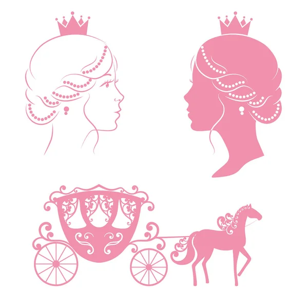 Silueta profilu princezna a kočár. — Stockový vektor