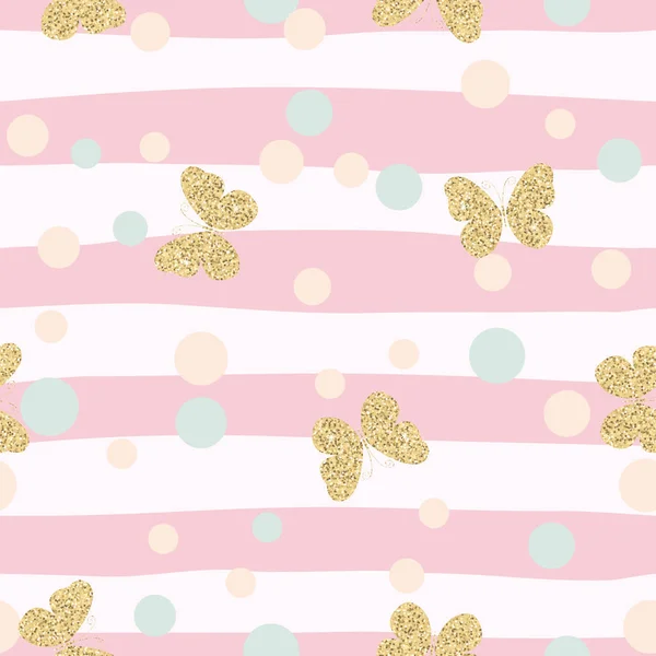 Oro brillante mariposas confeti patrón sin costuras sobre fondo rayado rosa . — Vector de stock