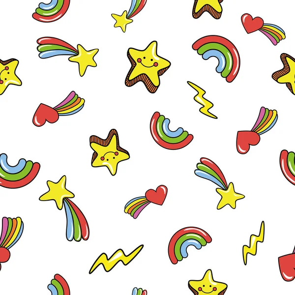 Seamless pattern with cute smiling stars. doodle comets, lightnings, rainbows on white background. Vector