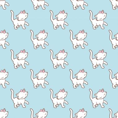 Üzerinde mavi arka plan izole sevimli kedicik çıkartmaları ile Seamless modeli. Vektör çizim.