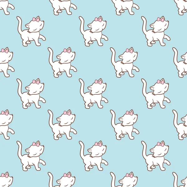 Üzerinde mavi arka plan izole sevimli kedicik çıkartmaları ile Seamless modeli. Vektör çizim.