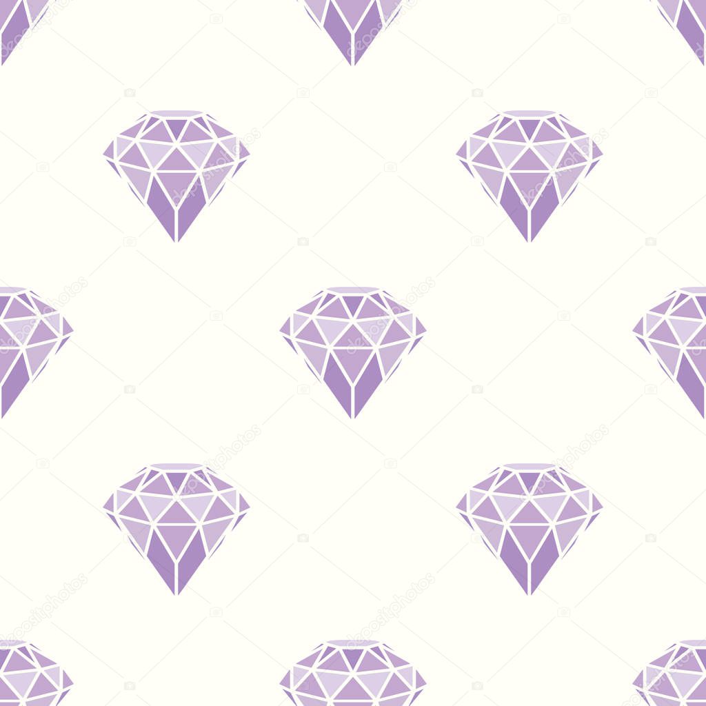 Seamless pattern of geometric purple pink diamonds on white background. Trendy hipster crystals design.