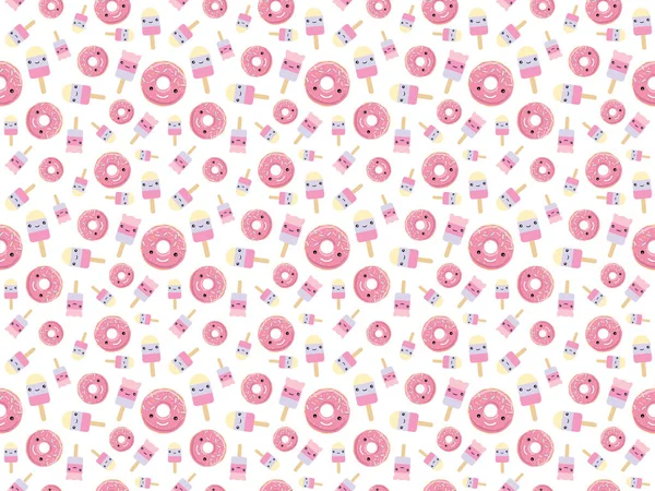 无缝模式。可爱的卡哇伊风格的冰激淋和粉红色的甜甜圈. — 图库照片