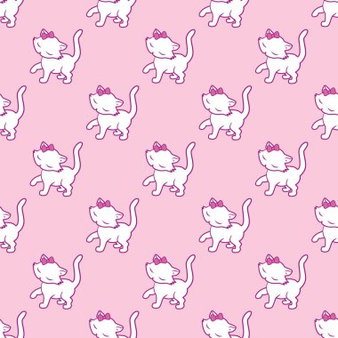 Pembe arka plan izole sevimli kedicik çıkartmaları ile Seamless modeli. Vektör çizim.