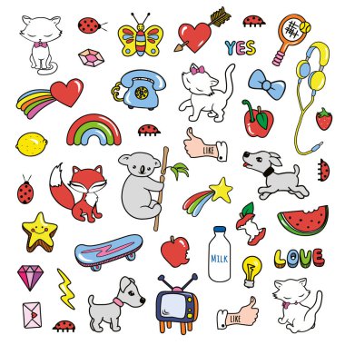 Beyaz arka plan üzerinde izole pop sanat tarzı koleksiyonlarında çıkartmaları.