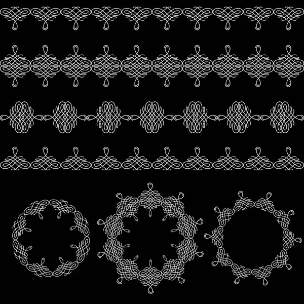 Grenzen und runde Rahmen setzen Kollektion im kalligraphischen Retro-Stil isoliert auf schwarzem Hintergrund. — Stockvektor