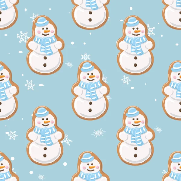 Ginger cookies seamless pattern.Christmas gingerbread seamless pattern. Ginger cookies on light blue background with snowflakes. — Stock Vector