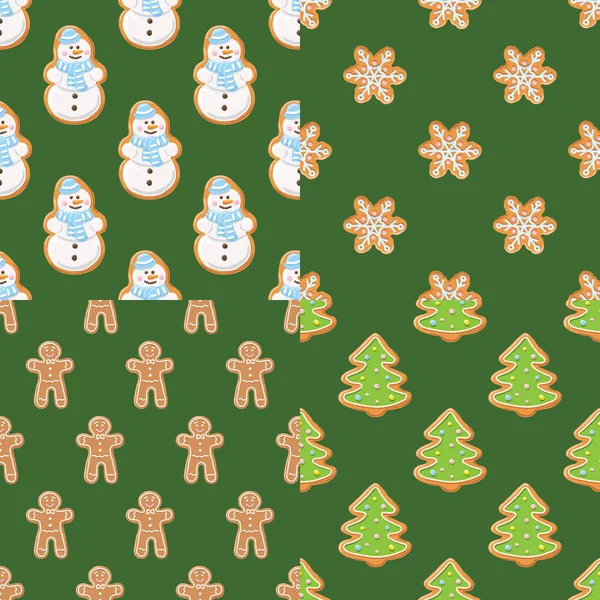 Ginger cookies seamless patterns. Christmas and new year backgrounds set collection. — Stock Vector