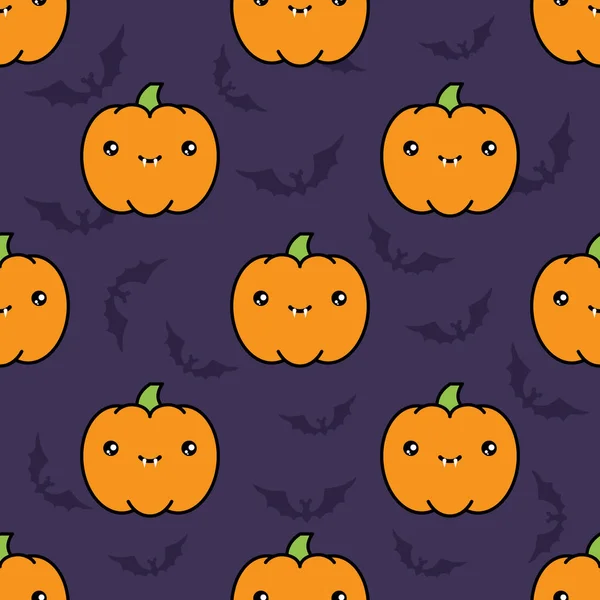 Seamless halloween pattern background with pumpkins on dark violet background with silhouettes of flittermouse. — Stock Vector