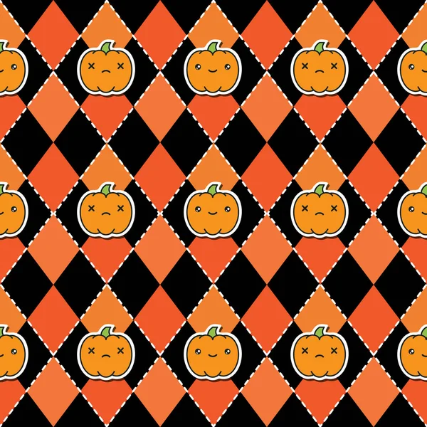 Seamless halloween pattern with pumpkins on argyle black and orange background. — Stock Vector