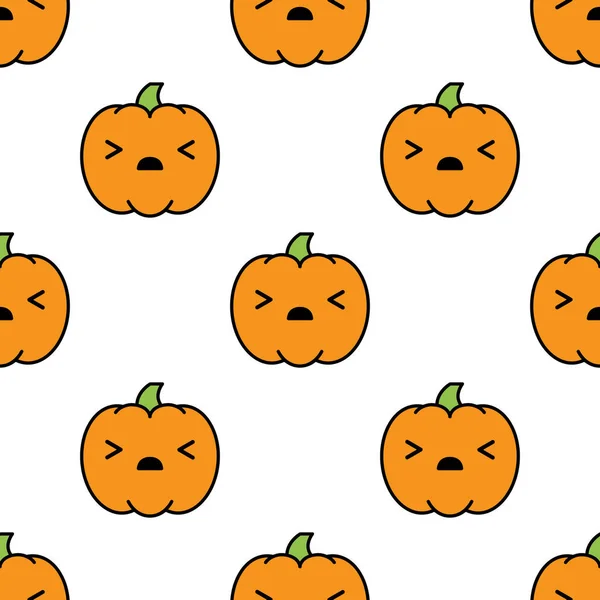 Nahtloses Halloween-Muster mit verängstigten Kawaii-Kürbissen auf weißem Hintergrund. — Stockvektor