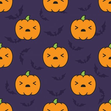 Korkmuş kawaii stil kabak flittermouse siluetleri ile koyu mor zemin üzerine ile Seamless Cadılar Bayramı modeli.