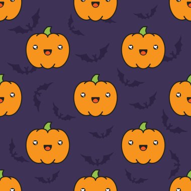 Flittermouse siluetleri ile koyu mor zemin üzerine kabaklar ile Seamless Cadılar Bayramı modeli.