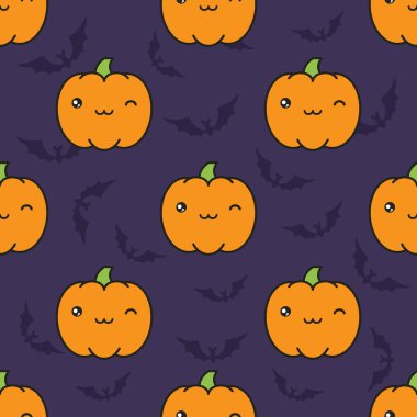 Flittermouse siluetleri ile koyu mor arka plan üzerinde kawaii stil kabaklar göz kırpıyor ile seamless Cadılar Bayramı modeli.