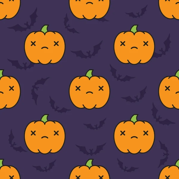 Seamless halloween pattern with dead kawaii style pumpkins on dark violet background with silhouettes of flittermouse. — Stock Vector