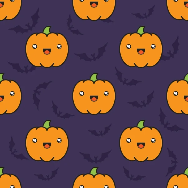 Seamless halloween pattern with pumpkins on dark violet background with silhouettes of flittermouse. — Stock Vector