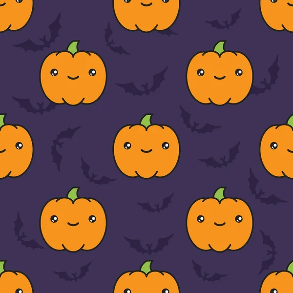 Nahtloses Halloween-Muster mit Kürbissen auf dunkelviolettem Hintergrund mit Silhouetten von Flittermaus. — Stockvektor