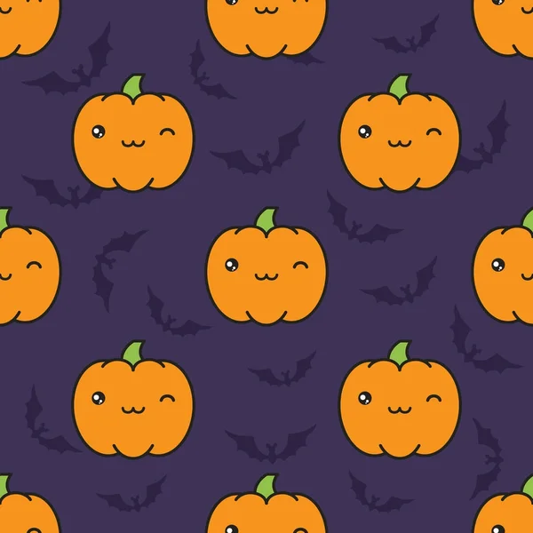 Seamless halloween pattern with winking kawaii style pumpkins on dark violet background with silhouettes of flittermouse. — Stock Vector