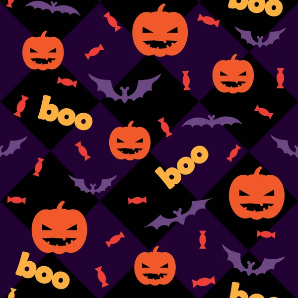 Patrón de Halloween sin costuras con calabazas, dulces y murciélagos — Vector de stock