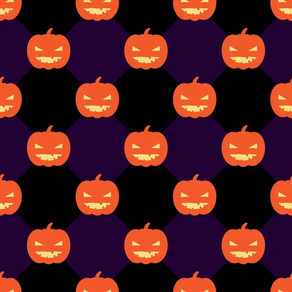 Nahtloses Halloween-Muster mit Kürbissen auf rautenschwarzem und violettem Hintergrund. — Stockvektor