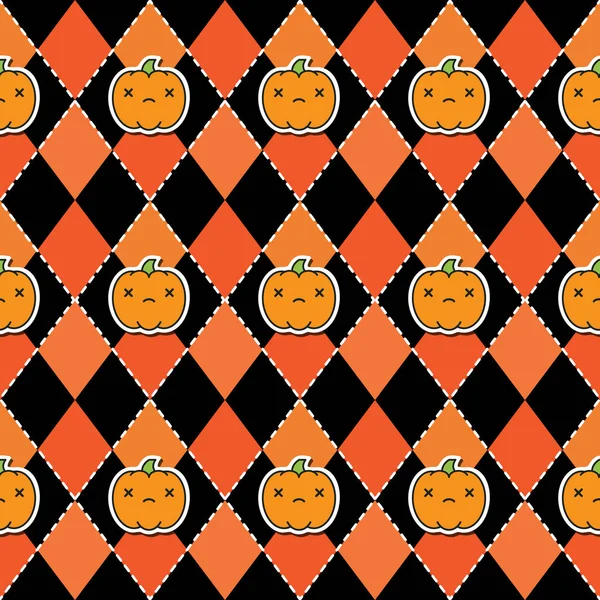 Seamless halloween pattern with pumpkins on argyle black and orange background. — Stock Vector