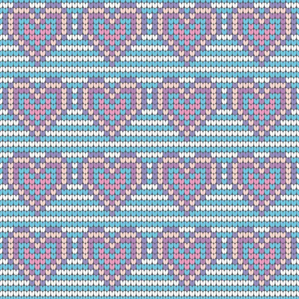 Dia dos Namorados amor coração tricotado padrão sem costura. Texturas nas cores azul, rosa e branco. Ilustração vetorial — Vetor de Stock