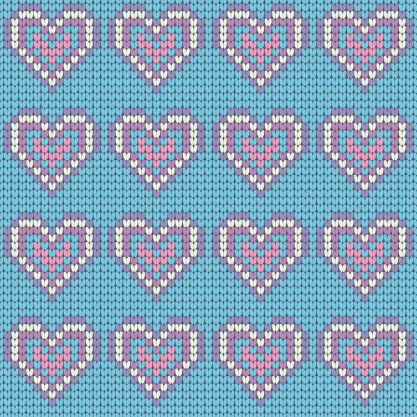 Dia dos Namorados amor coração tricotado padrão sem costura. Texturas nas cores azul, rosa e branco. Ilustração vetorial — Vetor de Stock