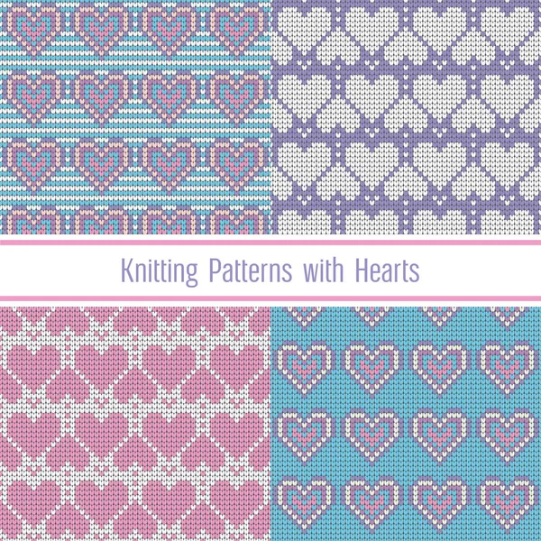 Dia dos Namorados amor coração tricotado padrões sem costura. Definir coleção de texturas em cores azul, rosa e branco. Ilustração vetorial — Vetor de Stock