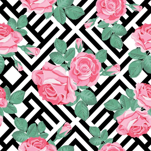 Patrón sin costura floral. Rosas rosadas con hojas sobre fondo geométrico blanco y negro. Ilustración vectorial — Vector de stock