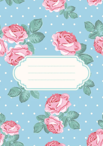 Capa ou modelo de cartão. Shabby chique subiu padrão sem costura no fundo azul bolinhas ponto. Também pode usar para cartazes, banners, folhetos, apresentações — Vetor de Stock