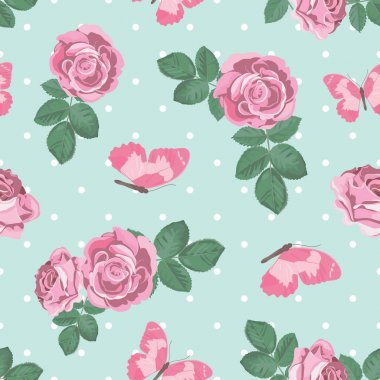 Eski püskü şık gül ve kelebekler seamless modeli polka dot arka plan üzerinde. Vektör esnaf.