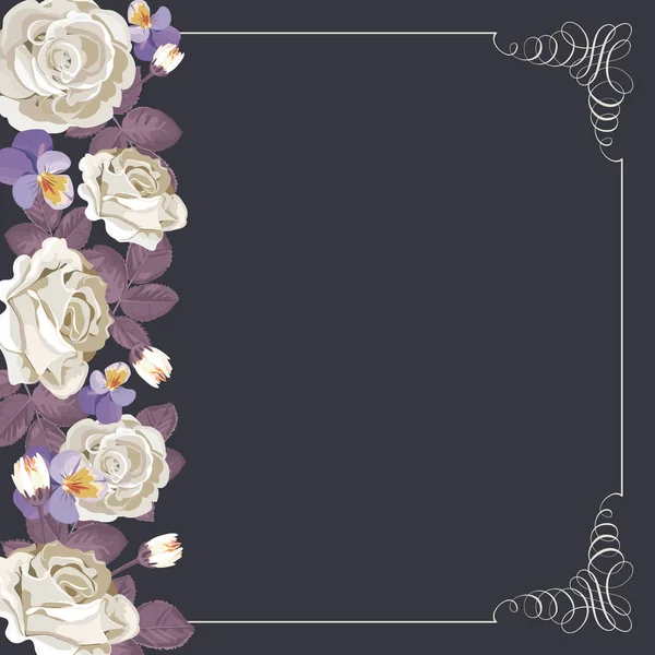 Plantilla de tarjeta Flora con rosas blancas y marco caligráfico cuadrado . — Vector de stock