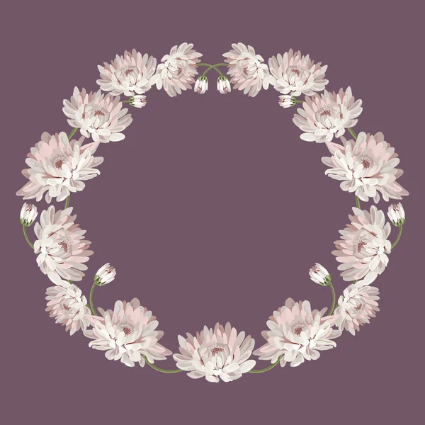 Хризантемы. Декоративная рамка круга с цветами для вашего дизайна. Шаблон цветочной карты. Векторная иллюстрация. Для свадьбы, поздравительных открыток, текста или фотографии — стоковый вектор