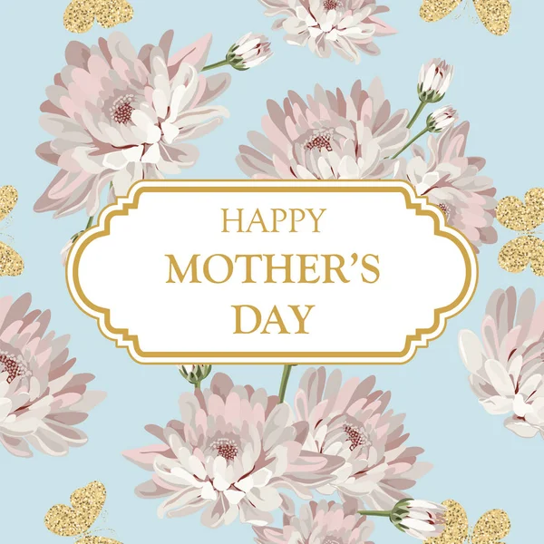 Mutlu anneler günü. Açık mavi yeşil renkli çerçeve ve metin üzerinde eski püskü şık krizantem. Çiçek, şirin kart. Vektör esnaf