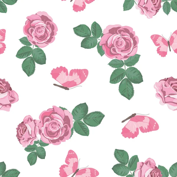 Shabby elegantes rosas y mariposas patrón sin costuras. Ilustración vectorial . — Vector de stock