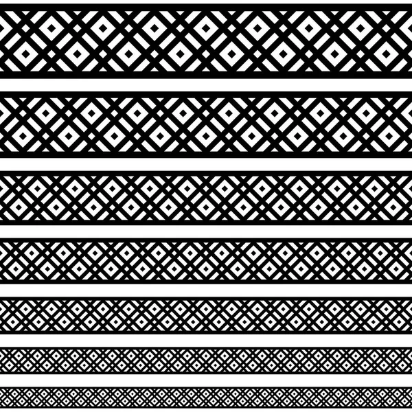 흑백 색상의 장식 요소 패턴 테두리. 다른 크기에서 기하학적 인종 국경 컬렉션을 설정합니다. 벡터 일러스트 — 스톡 벡터