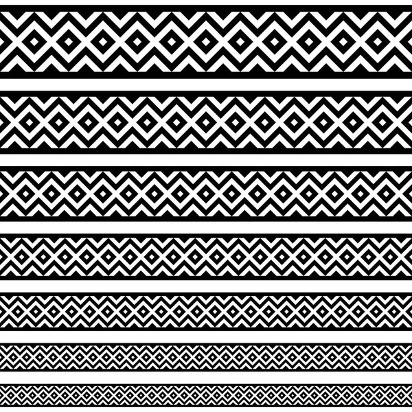 Patrones de elementos de decoración fronteriza en colores blanco y negro. La frontera étnica geométrica en diferentes tamaños establece colecciones. ilustraciones vectoriales — Archivo Imágenes Vectoriales