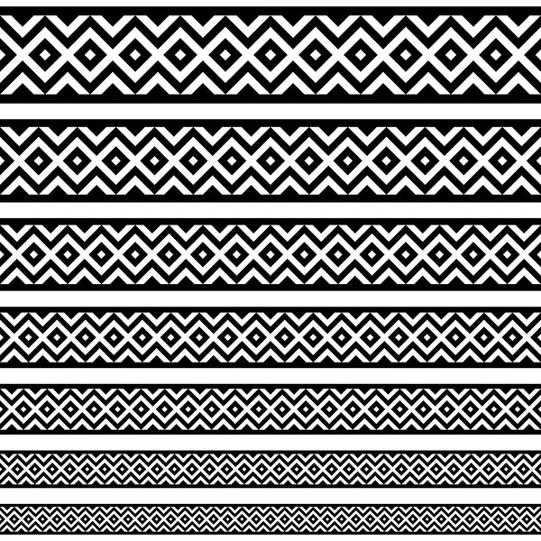 Padrões de elementos de decoração de fronteira em cores preto e branco. Fronteira étnica geométrica em diferentes tamanhos coleção de conjuntos. Ilustrações vetoriais — Vetor de Stock