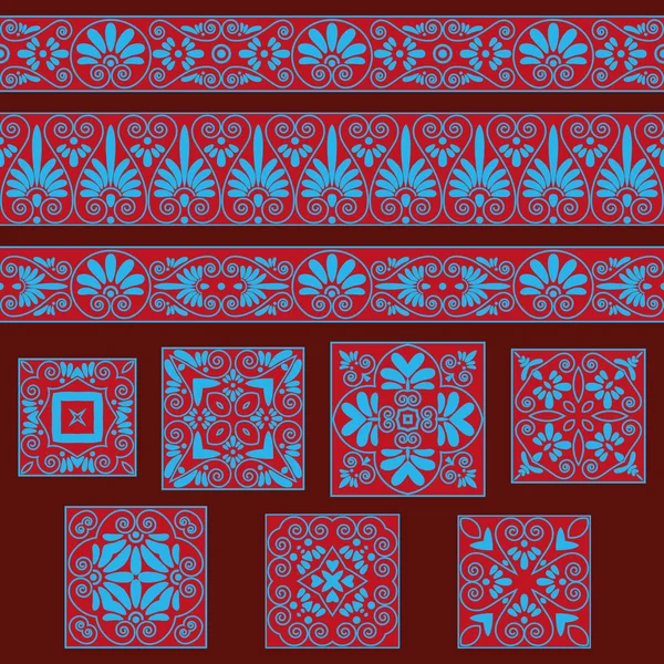 Set collections of old Greek ornaments. Antique borders and tiles in red and blue colors — Stock Vector