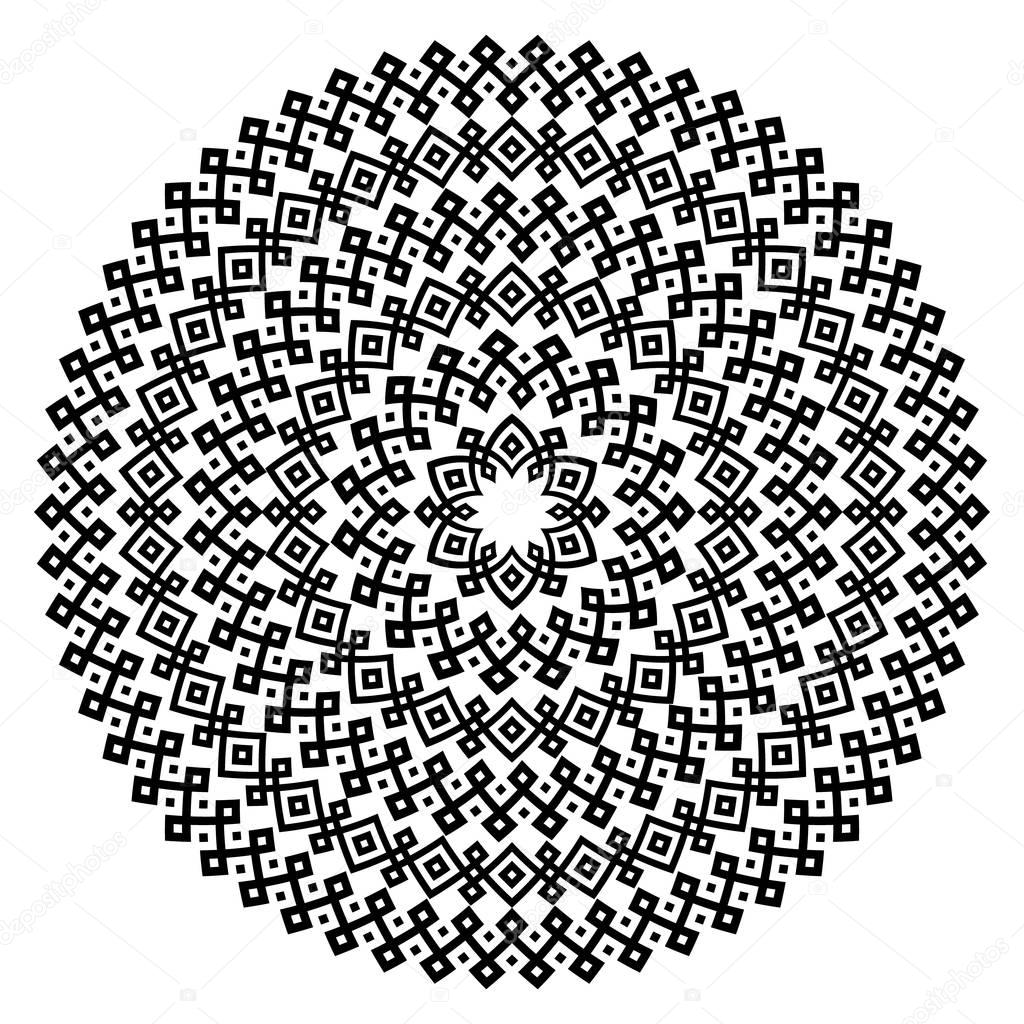 Monochromatic ethnic seamless textures. Round ornamental vector shape isolated on white