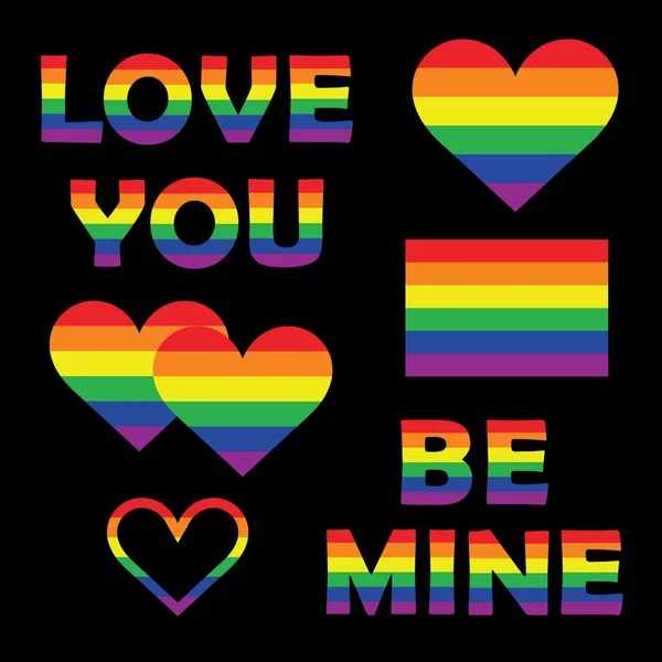 Conjunto de colección de elementos de orgullo gay con formas del corazón del espectro del arco iris, letras, bandera. Emblemas de homosexualidad. Concepto de derechos LGBT . — Vector de stock