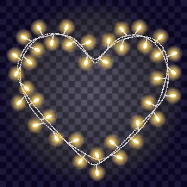 Guirlanda em forma de coração com luzes amarelas brilhantes isoladas em fundo transparente violeta escuro — Vetor de Stock