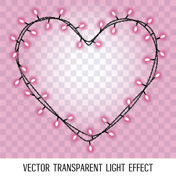 Girlande in Herzform mit leuchtend rosa lila Lichtern isoliert auf transparentem Hintergrund — Stockvektor