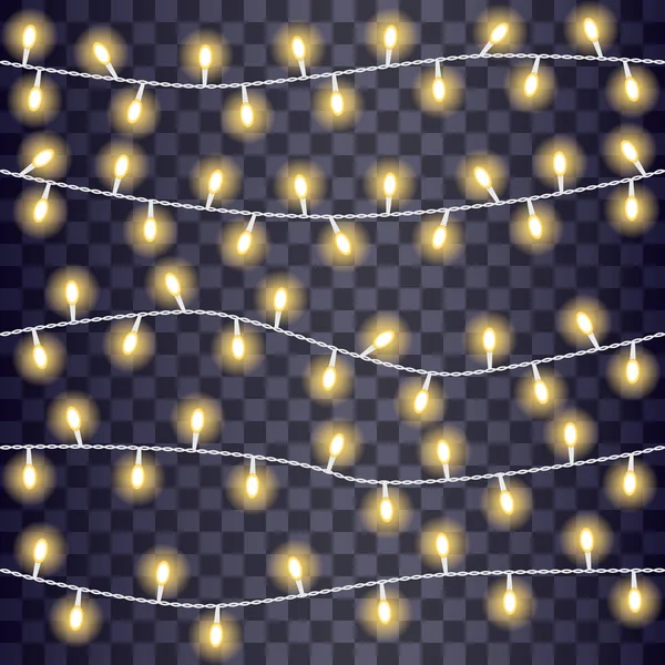 Ensemble de lumières à cordes qui se chevauchent et qui brillent sur un fond transparent. Illustration vectorielle — Image vectorielle