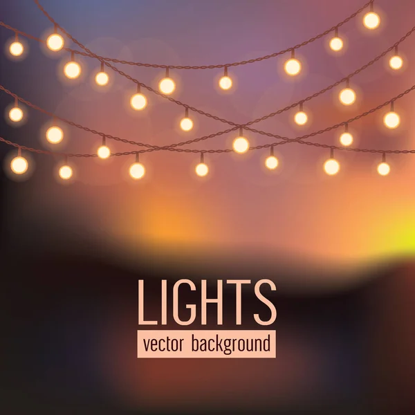 Reihe von leuchtenden Lichterketten auf abstraktem Abendhimmel. Vektorillustration — Stockvektor